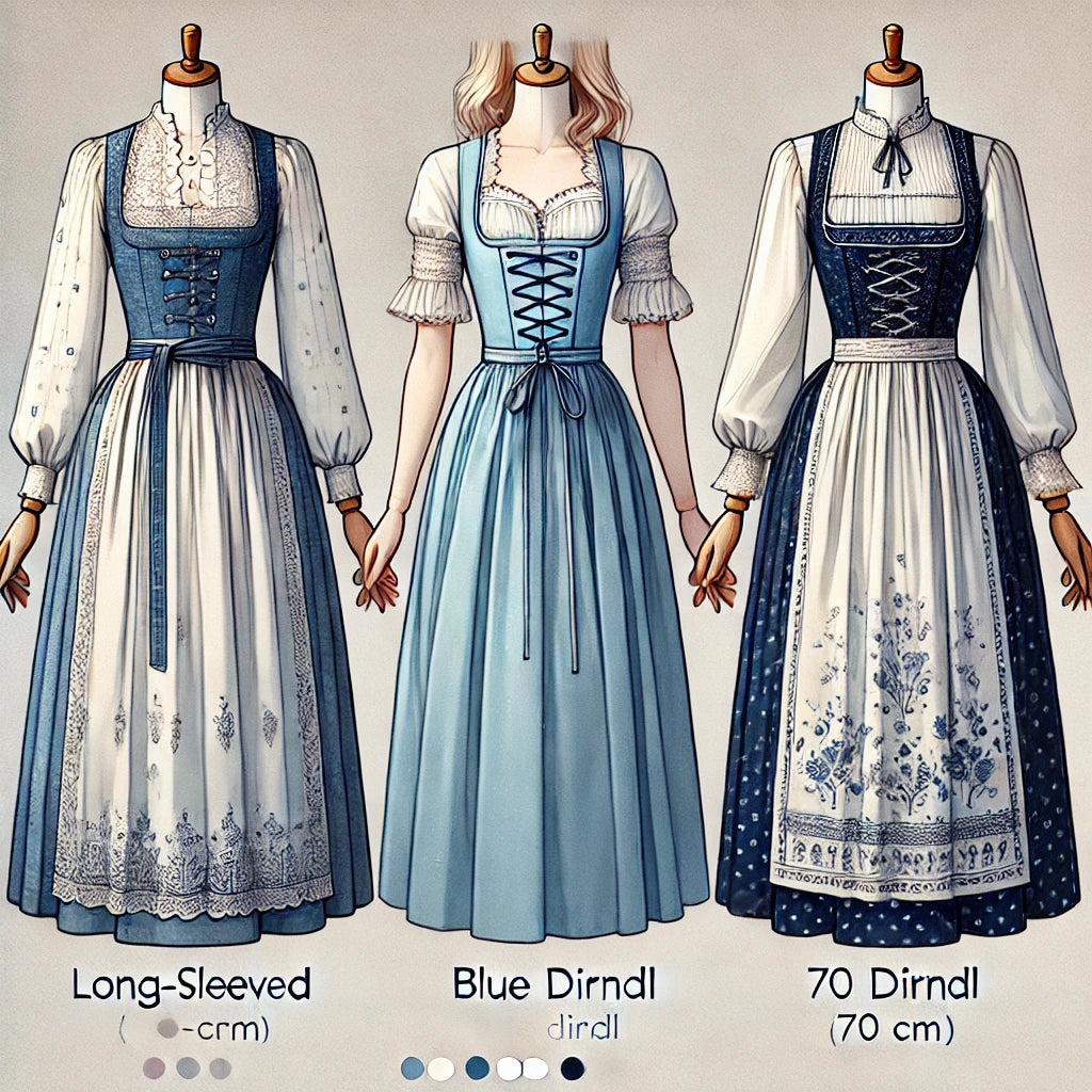 Krása dlouhých dirndls, modrých dirndl a 70 cm dirndl