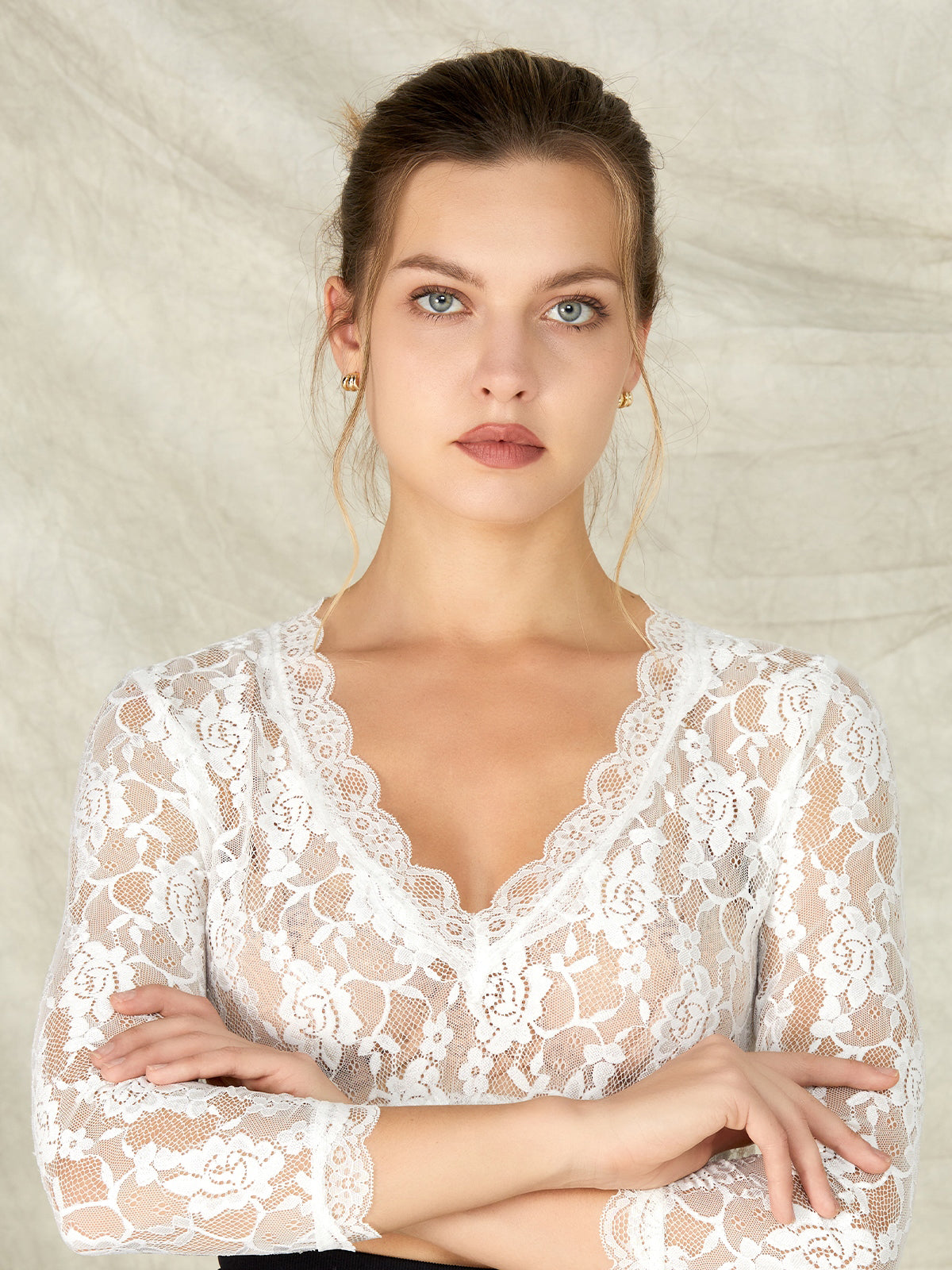 White V-neck long-sleeved dirndl blouse made of perforated lace Olivia 