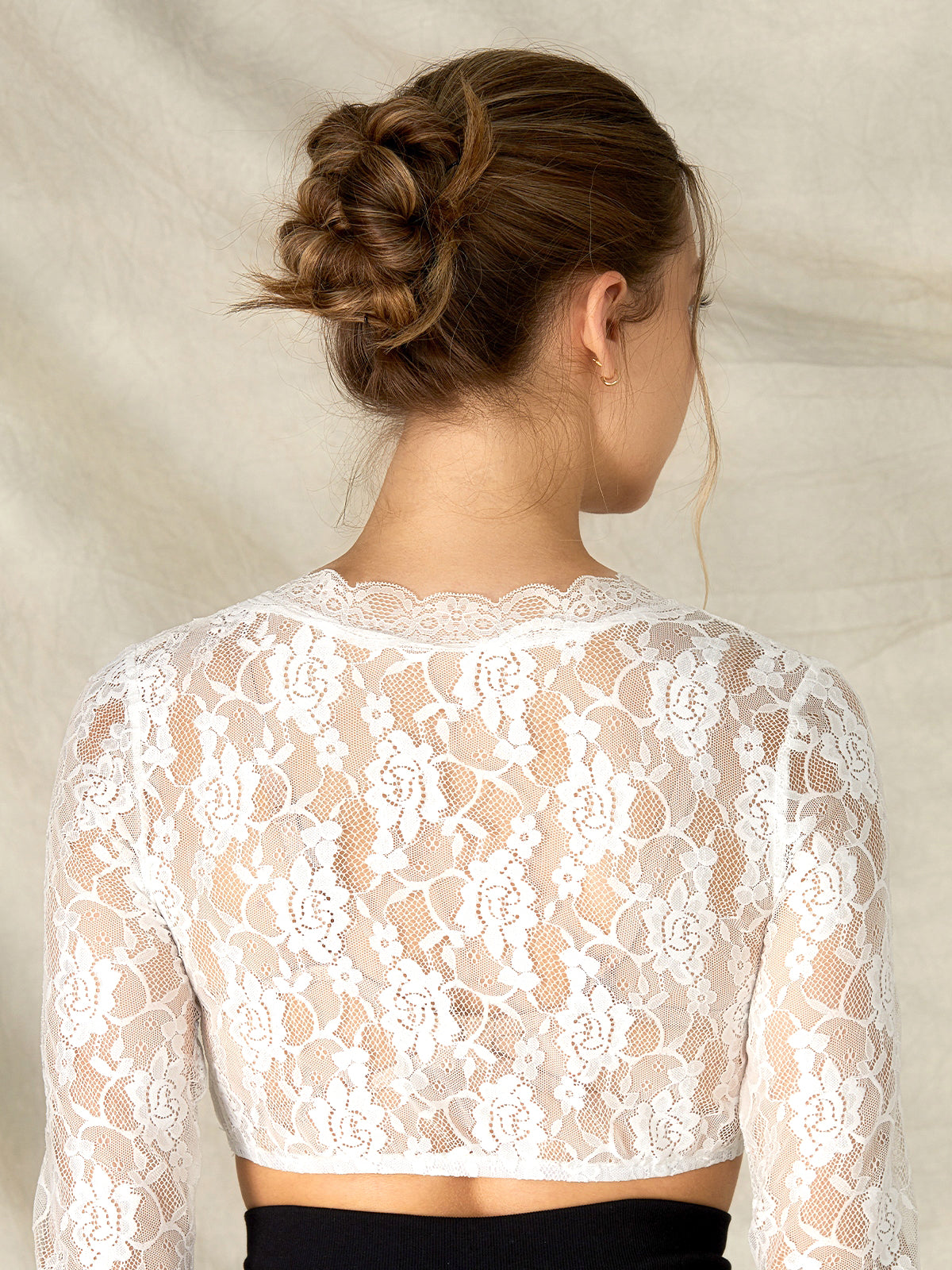 White V-neck long-sleeved dirndl blouse made of perforated lace Olivia 