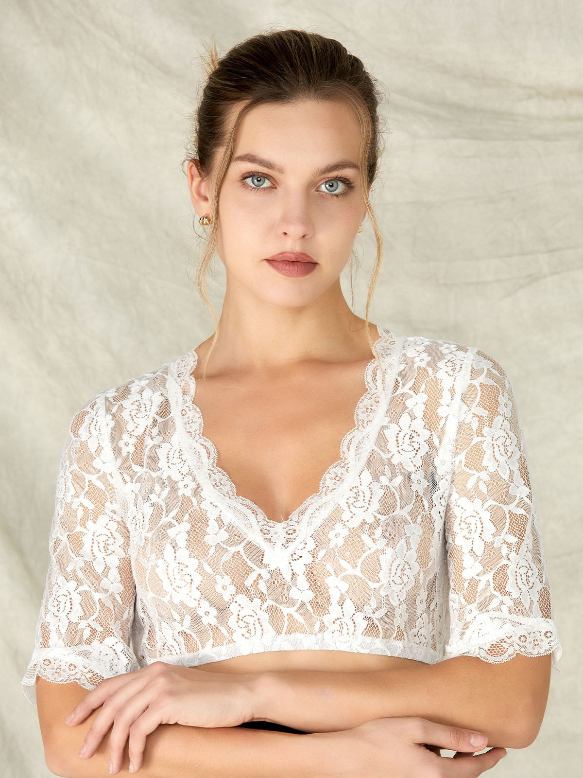 White dirndl blouse with V-neck made of perforated lace Anette 