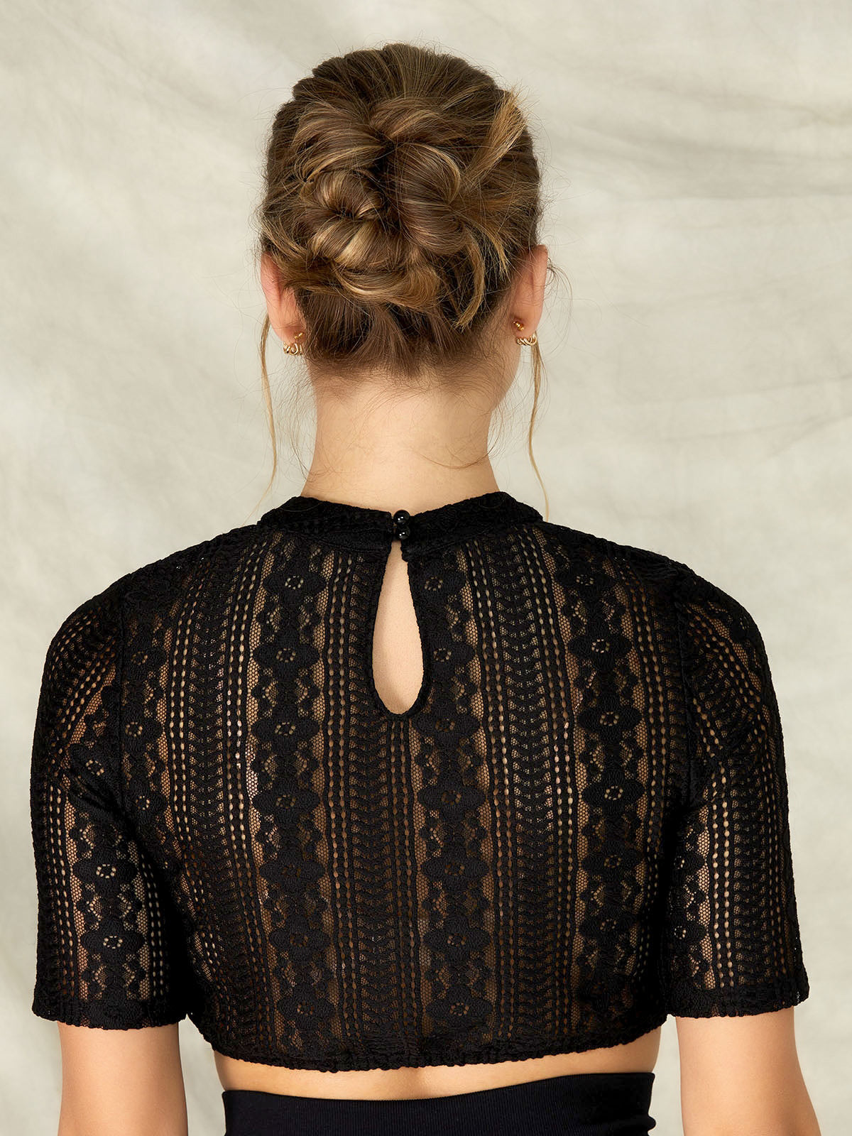 Black high-necked dirndl blouse made of perforated lace Inga 