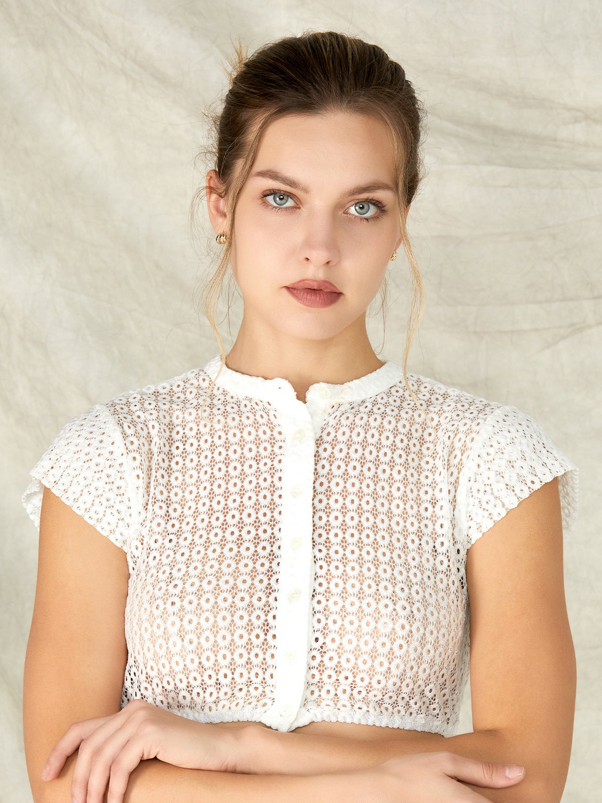White high-necked dirndl blouse made of perforated lace Turin 