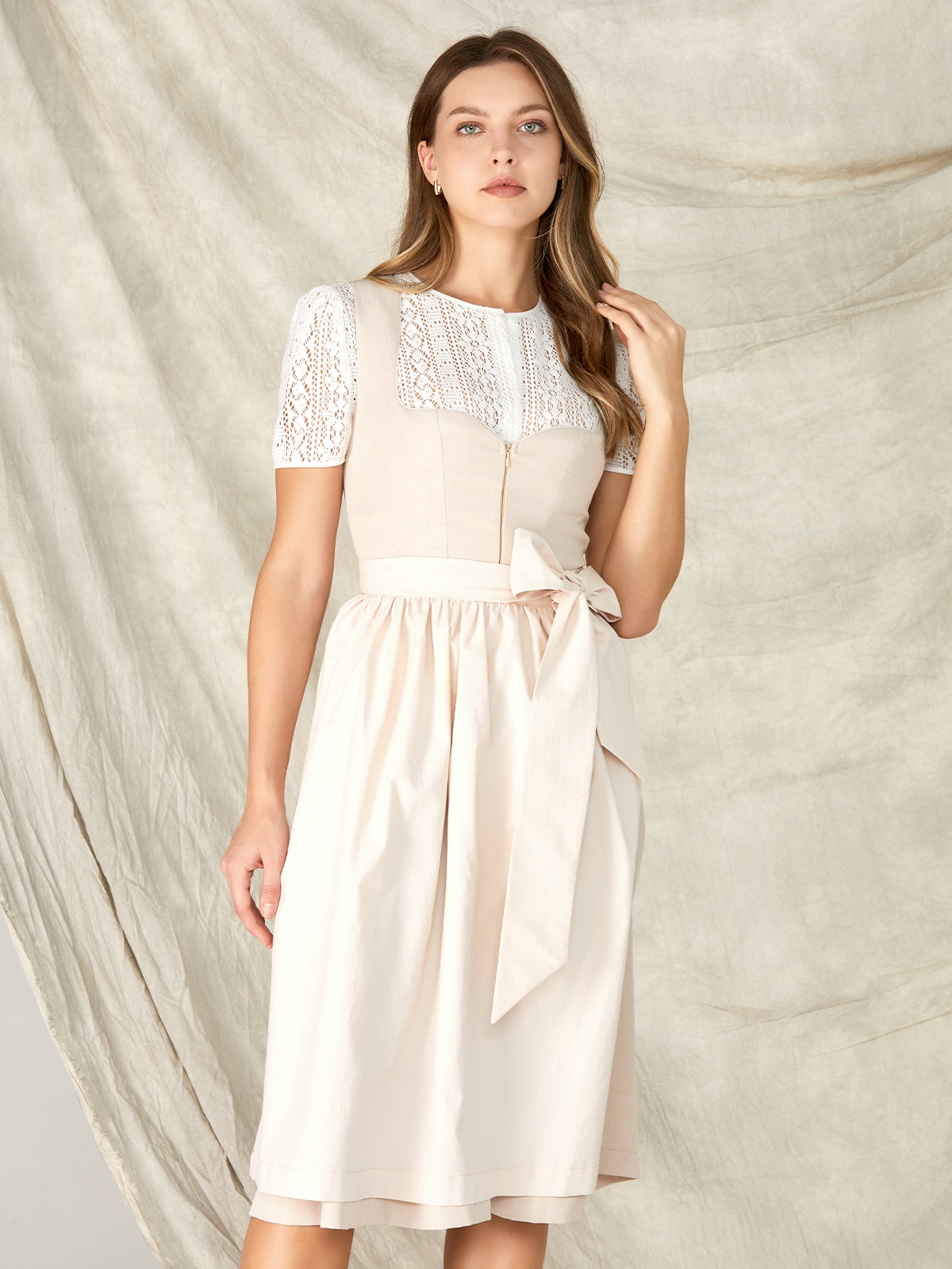 Beige Reißverschluss Vorne Herz-Ausschnitt Dirndl Maribel