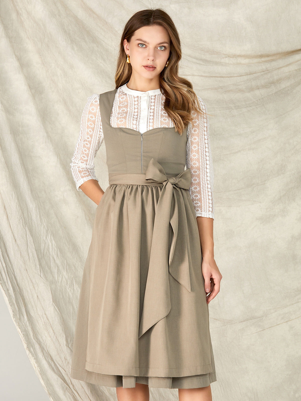 Olive green zipper front sweetheart neckline dirndl Karolina 