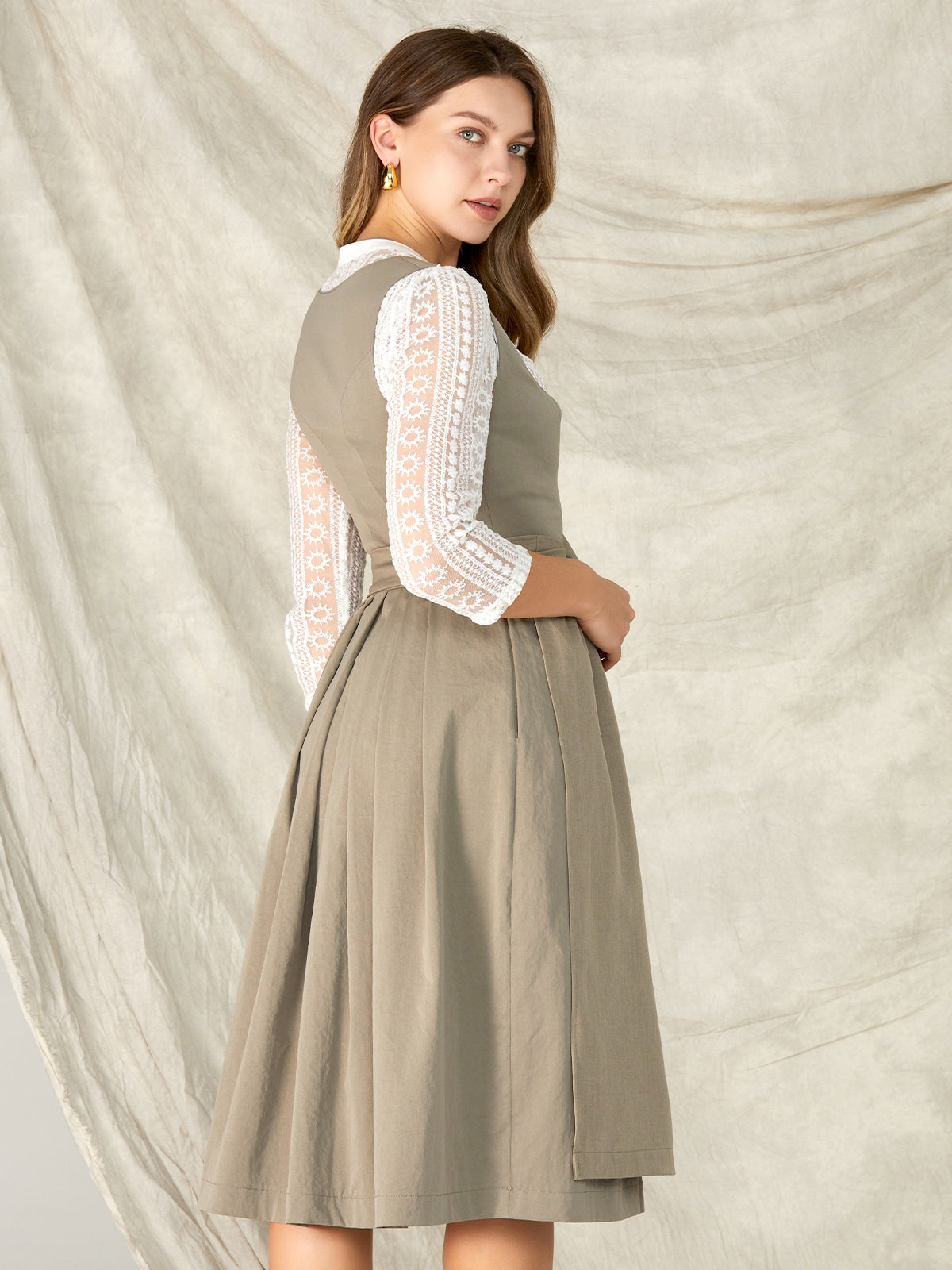 Olive green zipper front sweetheart neckline dirndl Karolina 