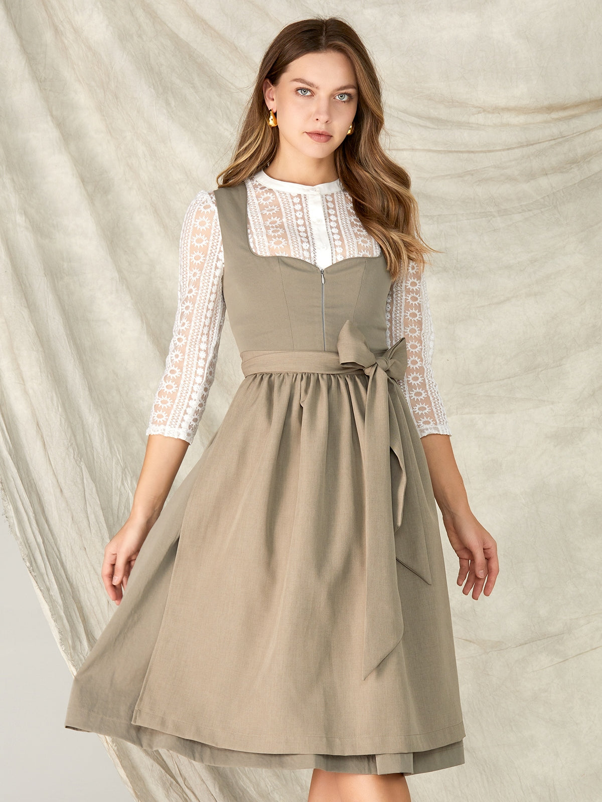 Olive green zipper front sweetheart neckline dirndl Karolina 
