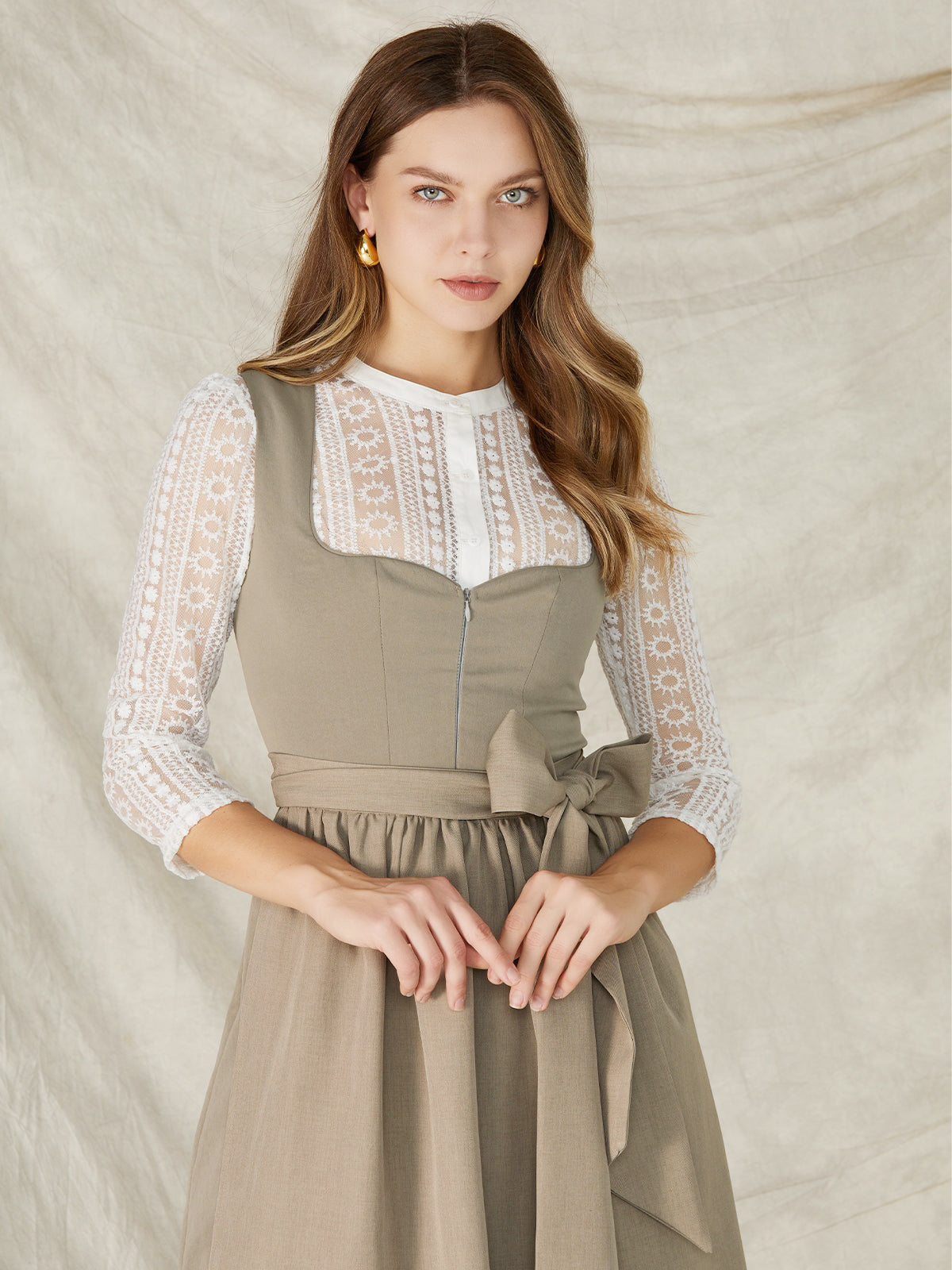 Olive green zipper front sweetheart neckline dirndl Karolina 