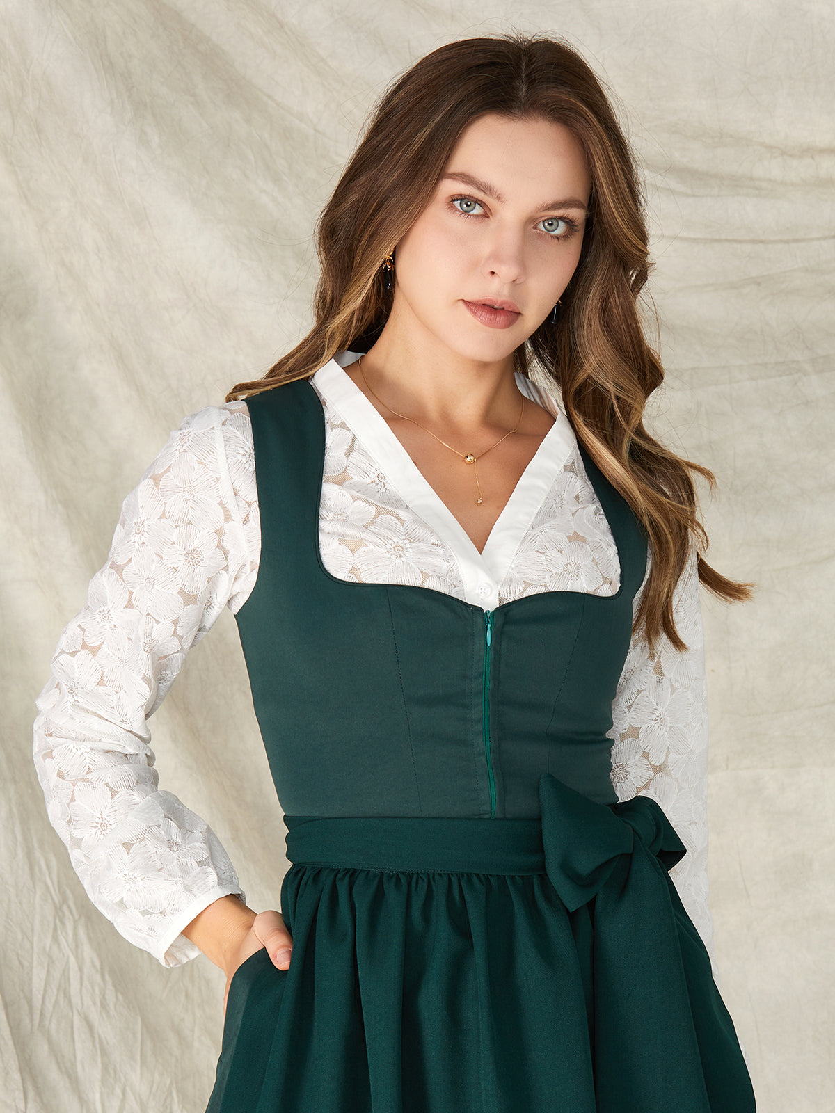 Green Zipper Front Sweetheart Neck Dirndl Edda 