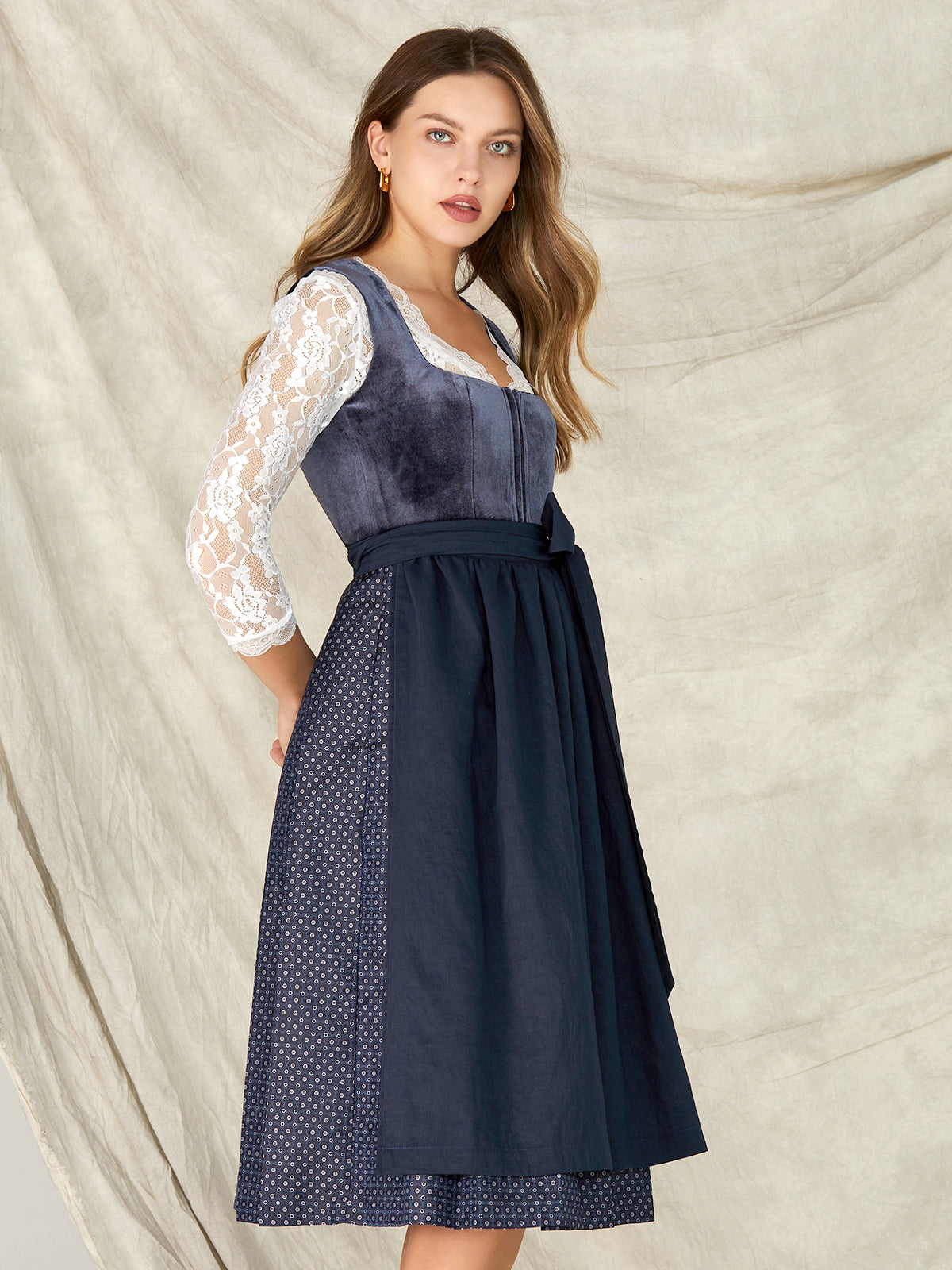 Dark blue zipper front straight neckline Dirndl Stella 