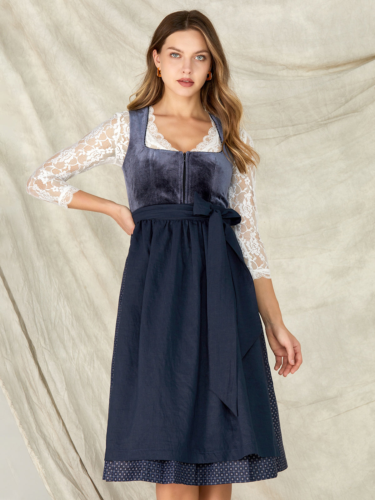 Dark blue zipper front straight neckline Dirndl Stella 