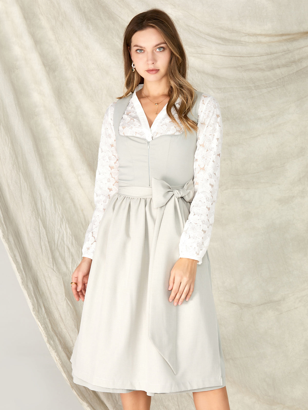 Grau Reißverschluss Vorne Herz-Ausschnitt Dirndl Vivia