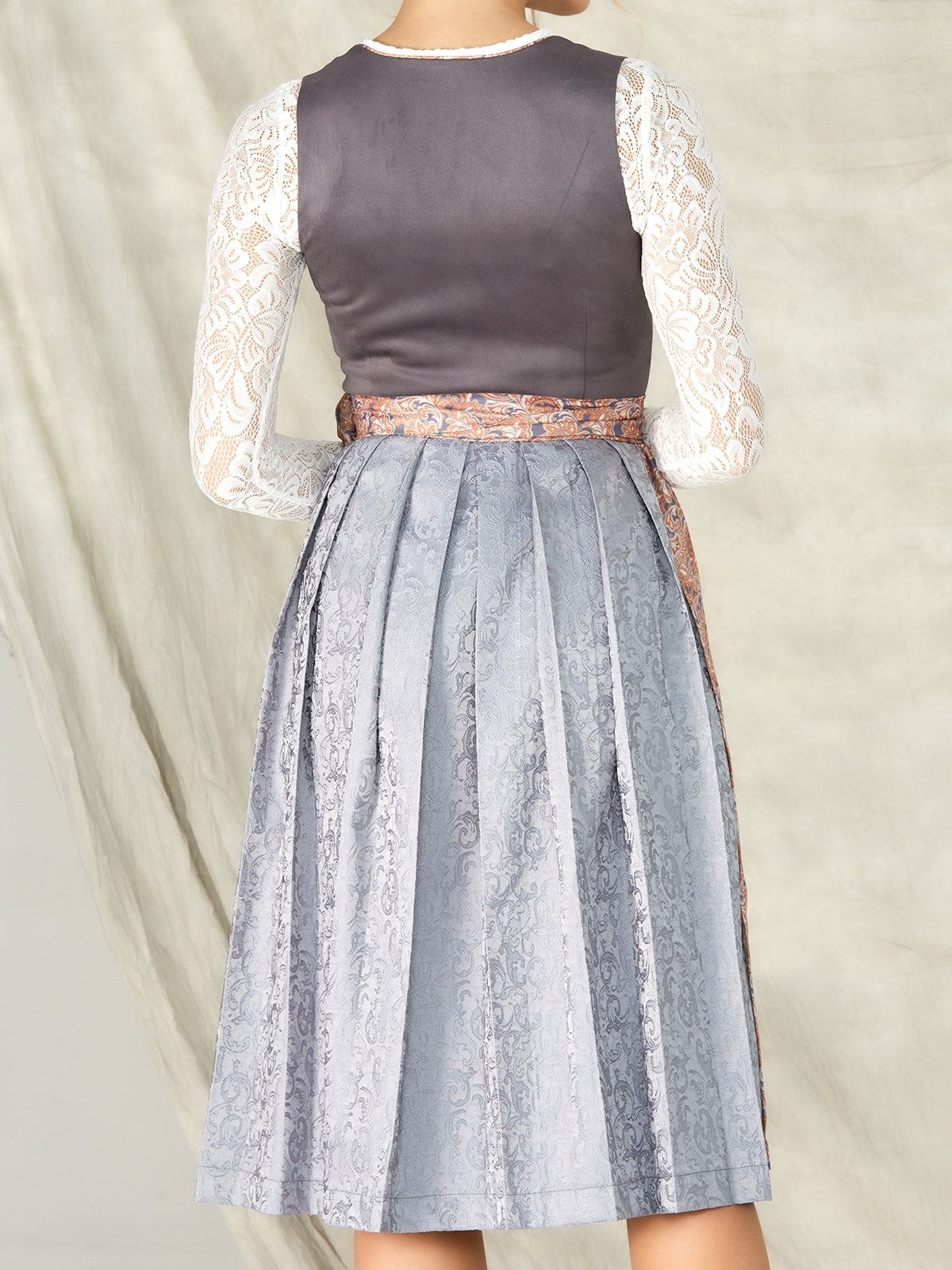 Grey Zipper Front Straight Neck Dirndl With Suede Bodice Marta 