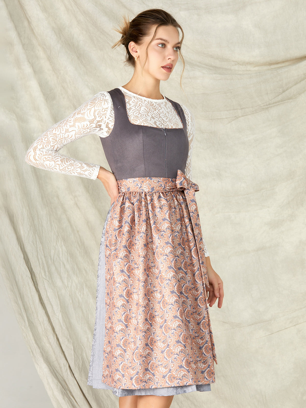 Grey Zipper Front Straight Neck Dirndl With Suede Bodice Marta 