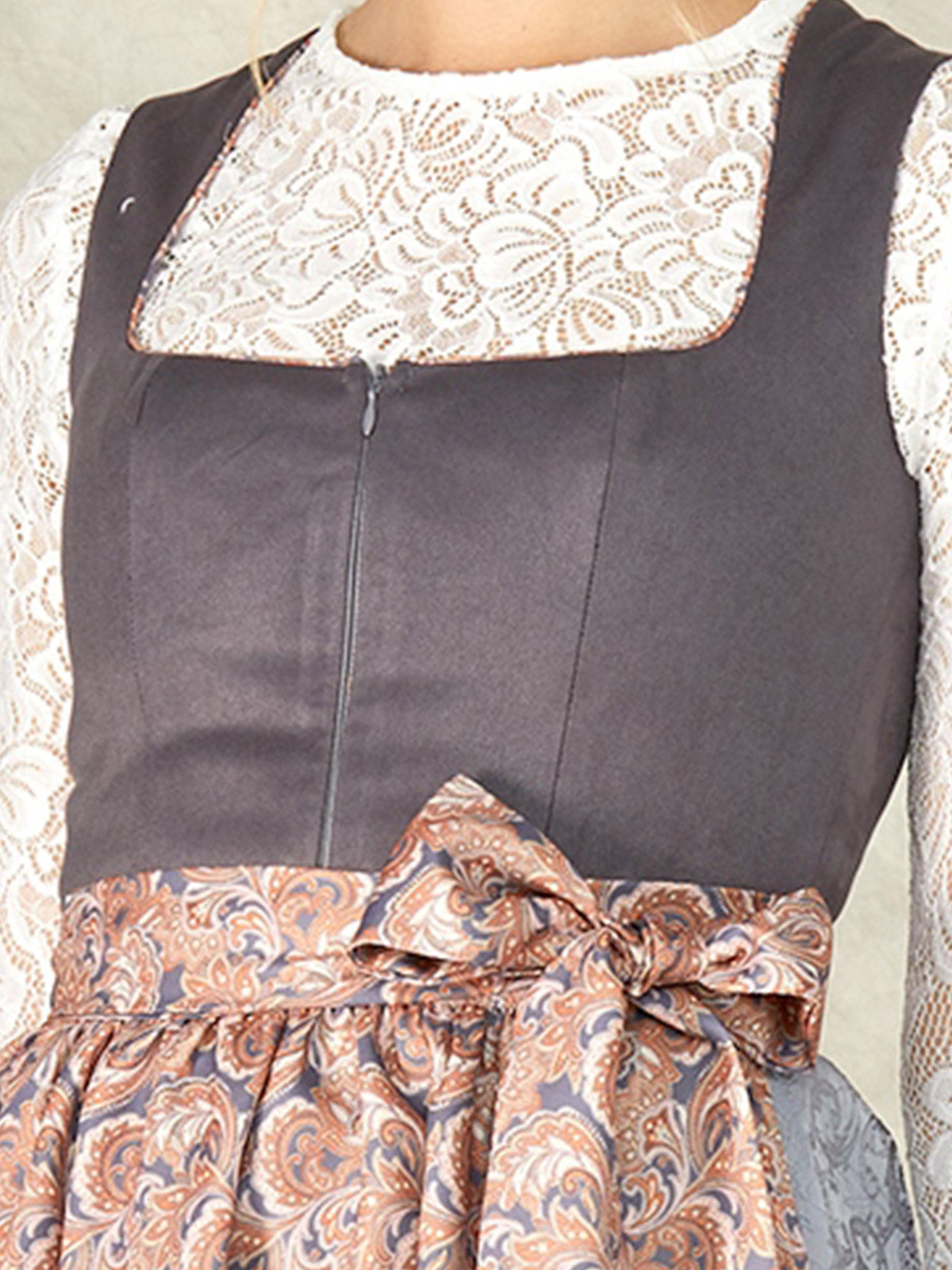 Grey Zipper Front Straight Neck Dirndl With Suede Bodice Marta 