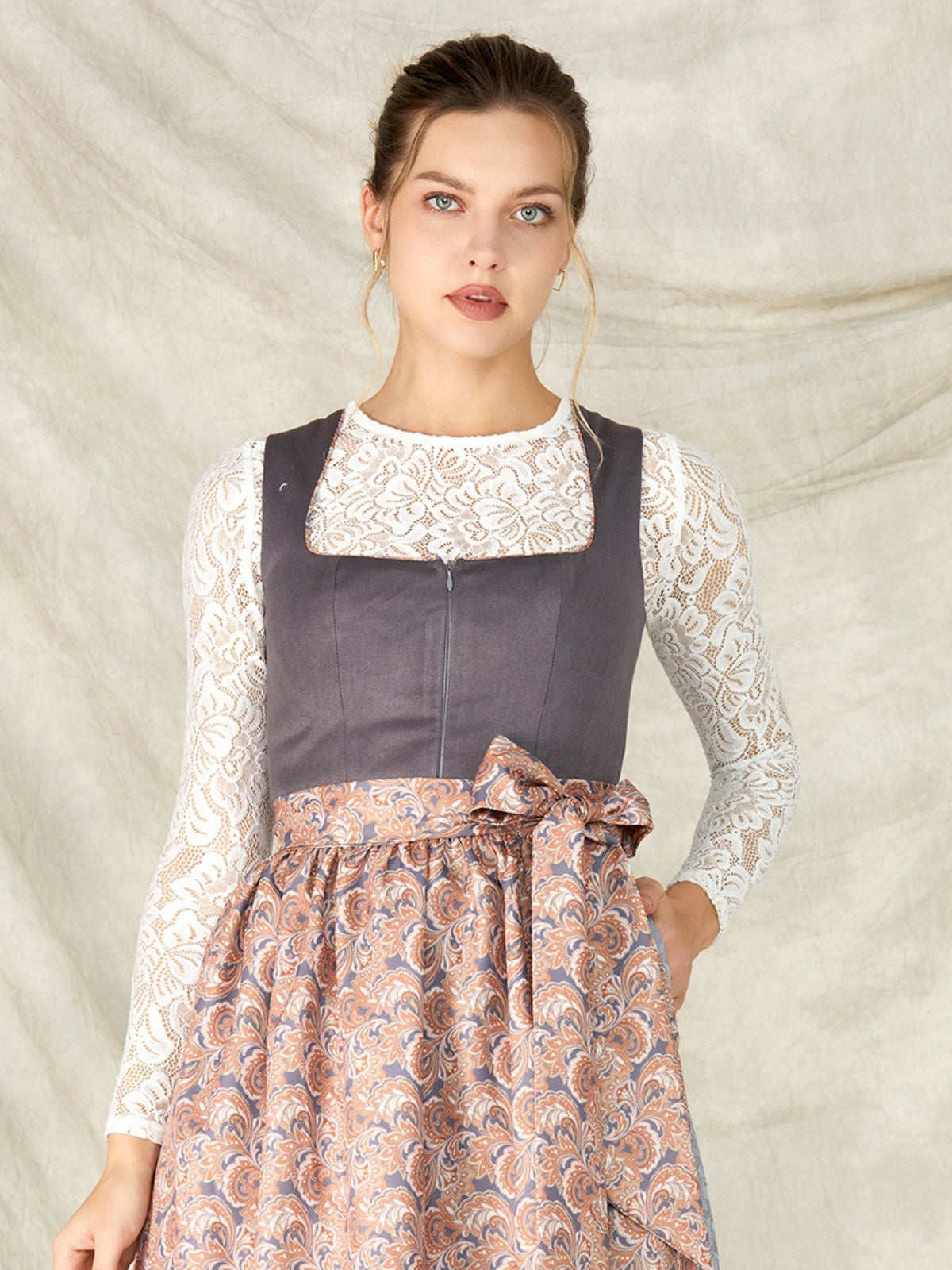 Grey Zipper Front Straight Neck Dirndl With Suede Bodice Marta 