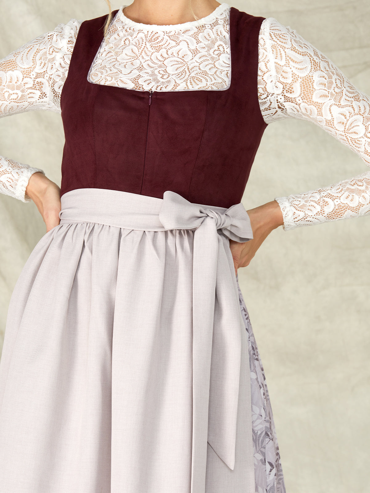 Purple Zipper Front Straight Neck Dirndl With Suede Bodice Alessia 