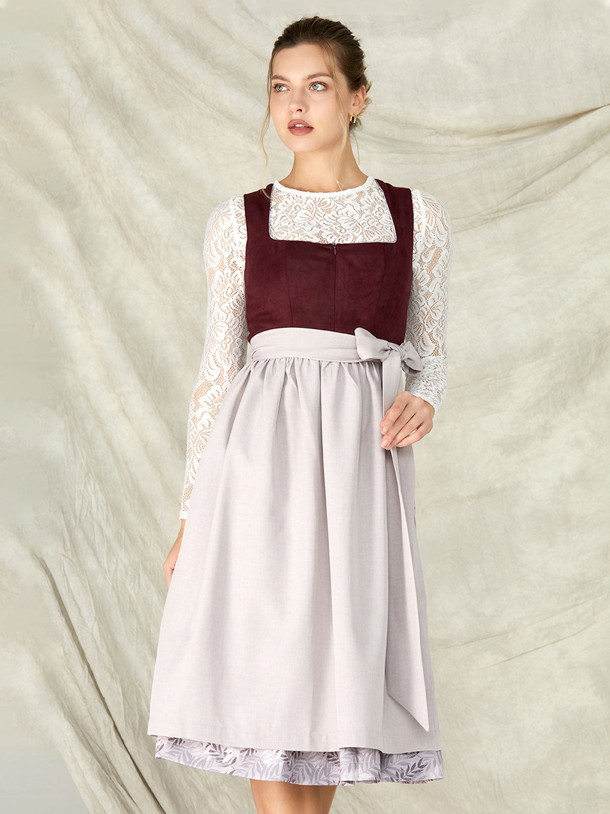 Purple Zipper Front Straight Neck Dirndl With Suede Bodice Alessia 