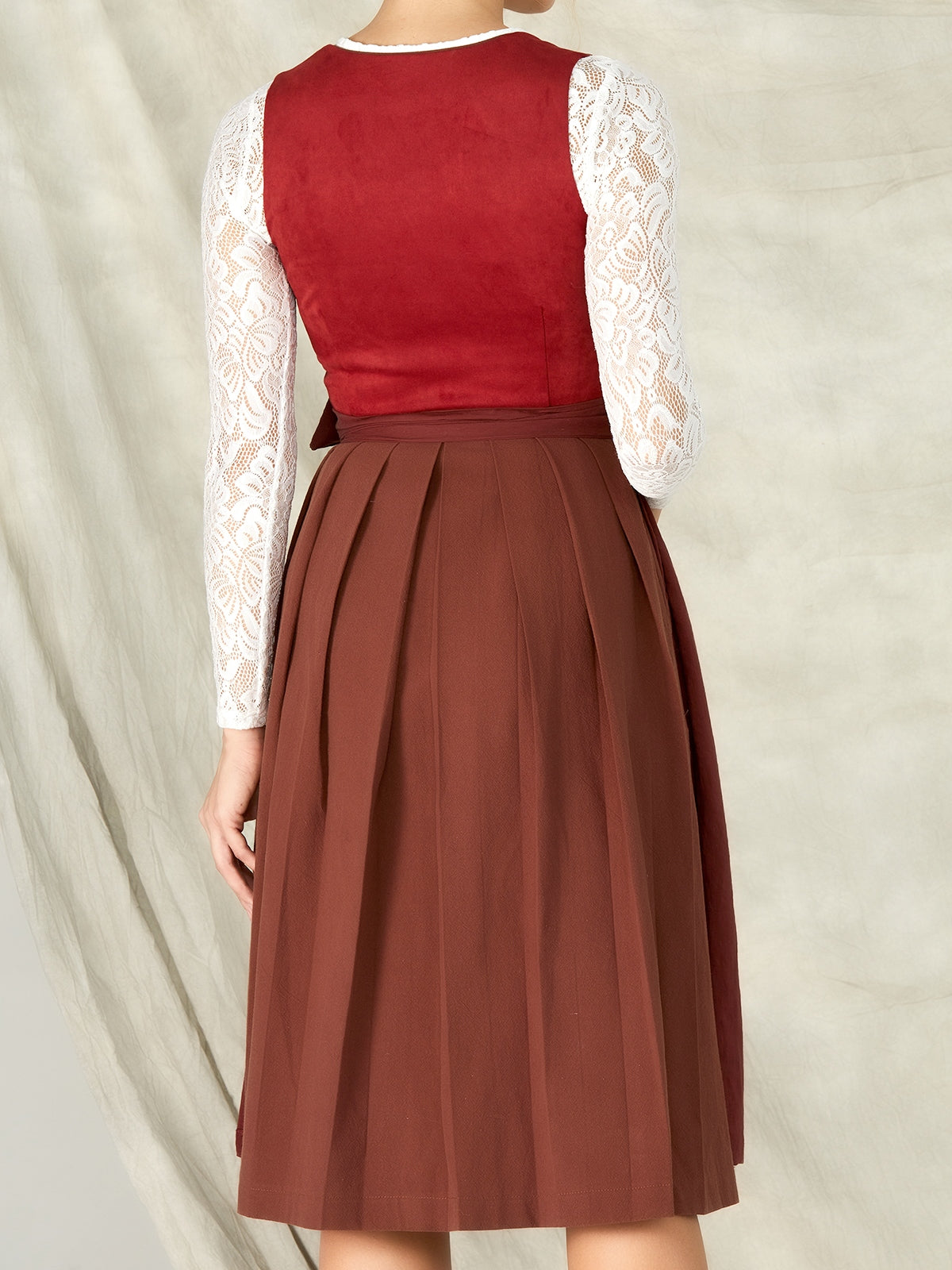 Rot Reißverschluss Vorne Gerader Ausschnitt Dirndl Mit Wildleder-Mieder Jania