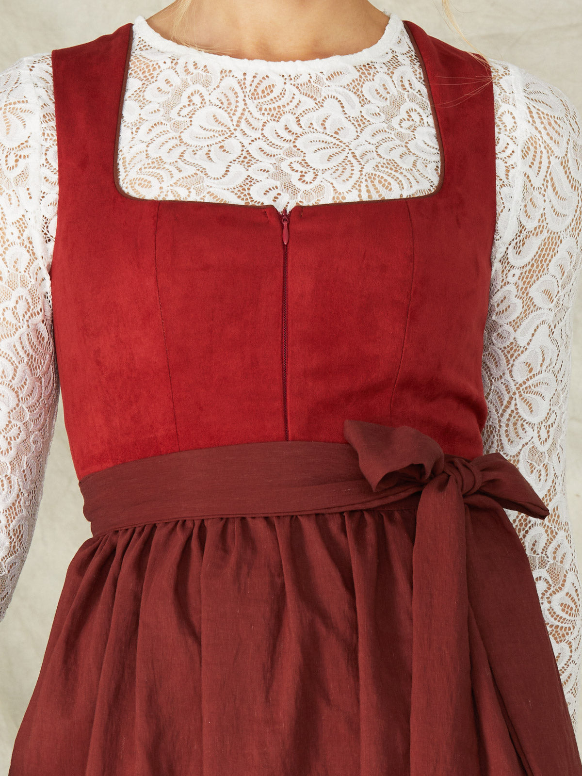 Rot Reißverschluss Vorne Gerader Ausschnitt Dirndl Mit Wildleder-Mieder Jania