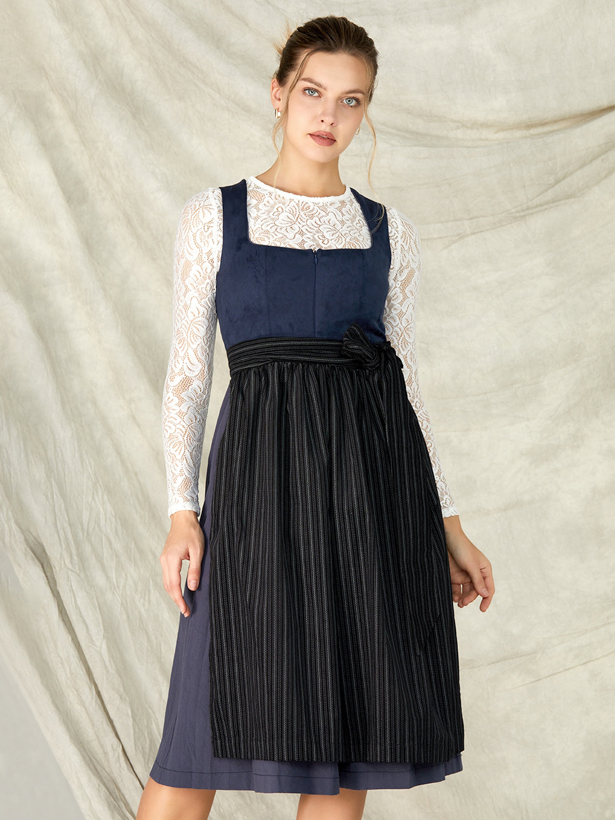 Blue Zipper Front Straight Neck Dirndl With Suede Bodice Yuna 