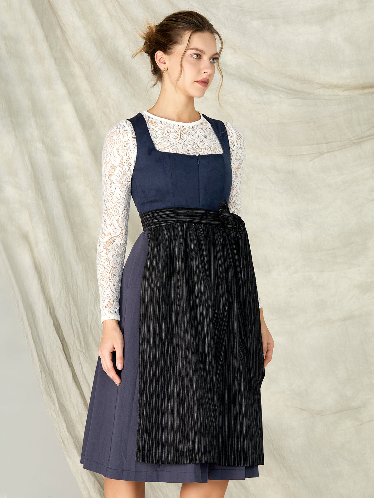 Blue Zipper Front Straight Neck Dirndl With Suede Bodice Yuna 