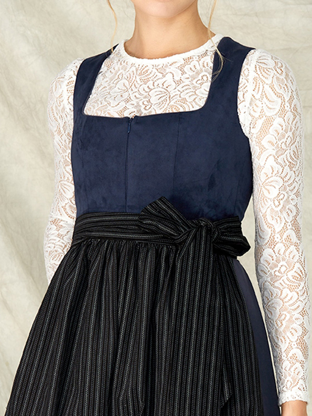 Blue Zipper Front Straight Neck Dirndl With Suede Bodice Yuna 