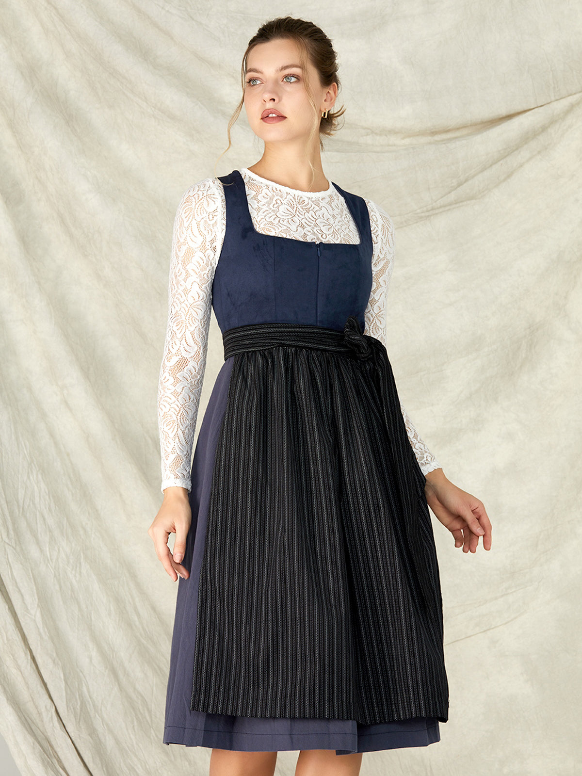 Blue Zipper Front Straight Neck Dirndl With Suede Bodice Yuna 