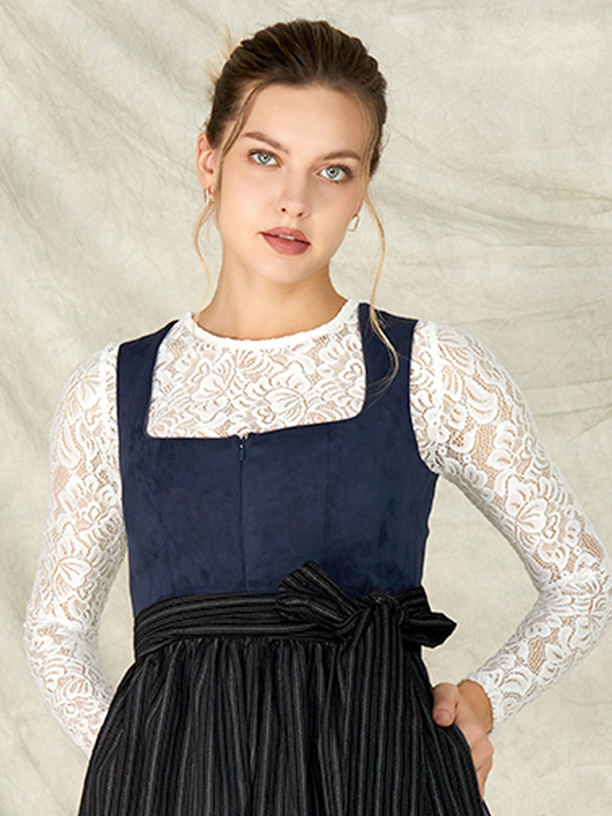 Blue Zipper Front Straight Neck Dirndl With Suede Bodice Yuna 