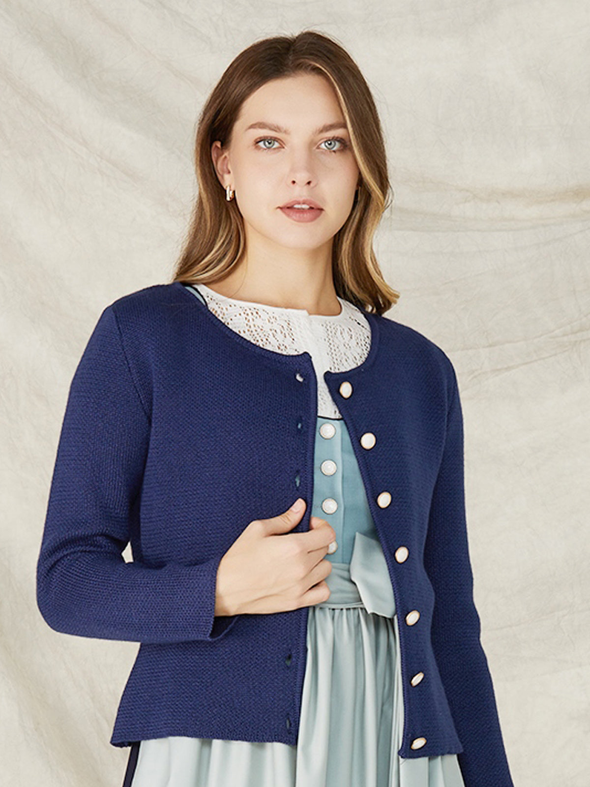 Blue Slim-Fit Button Knit Jackets 