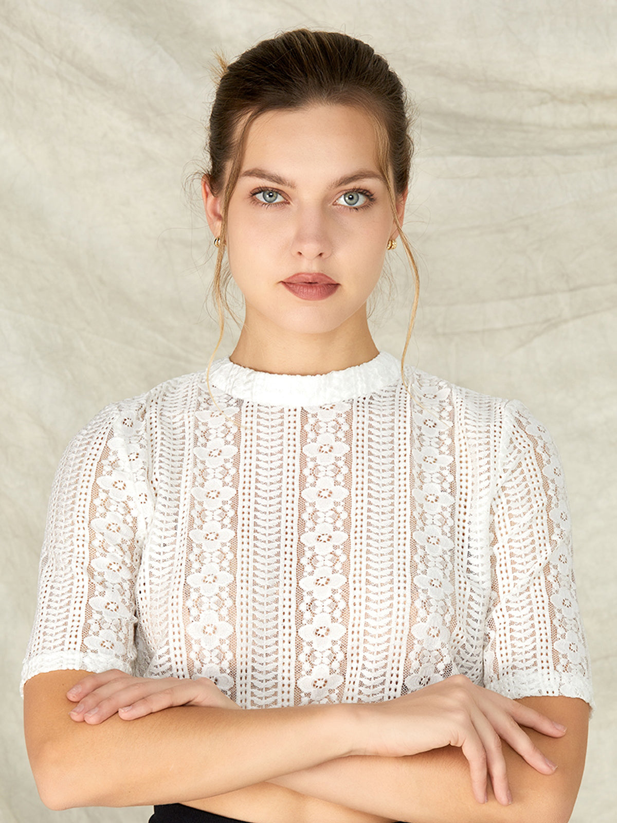 Weiß Hochgeschlossen Floralem Muster Dirndlbluse Andora