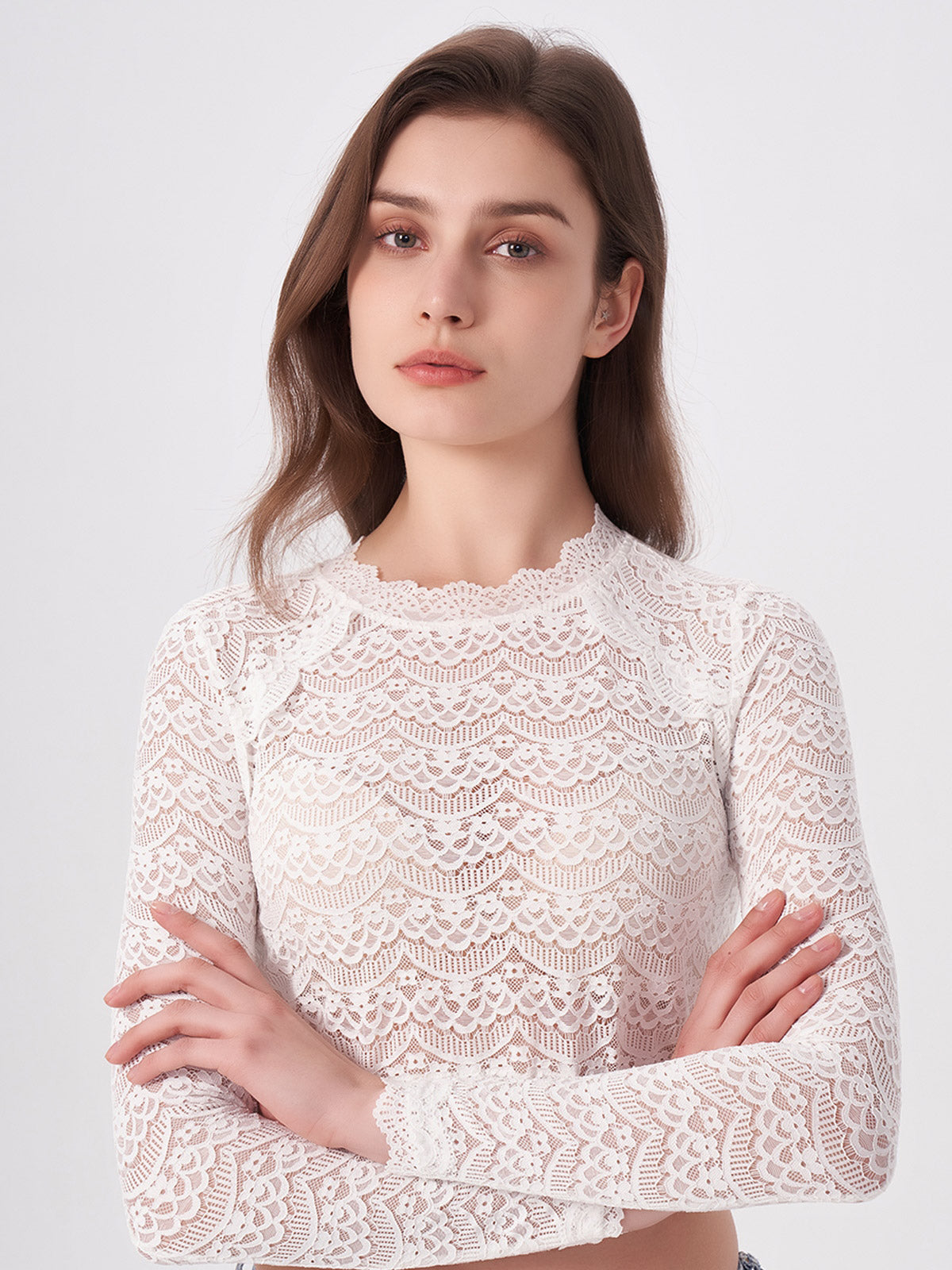 Weiß Langarm Dirndlbluse Aus Lochspitze Baum