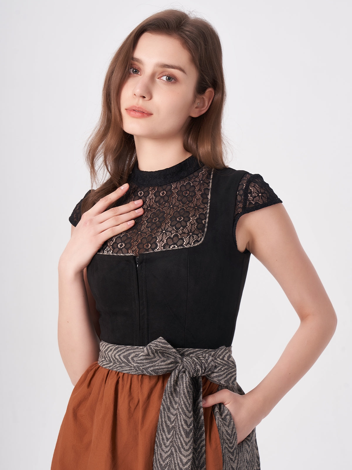 Schwarze Wildleder-Mieder Gemustertes Dirndl Freda