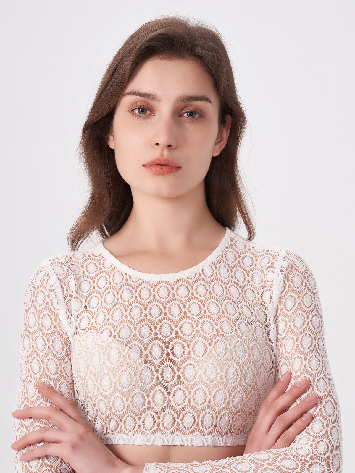White long-sleeved dirndl blouse made of perforated lace Ronja 