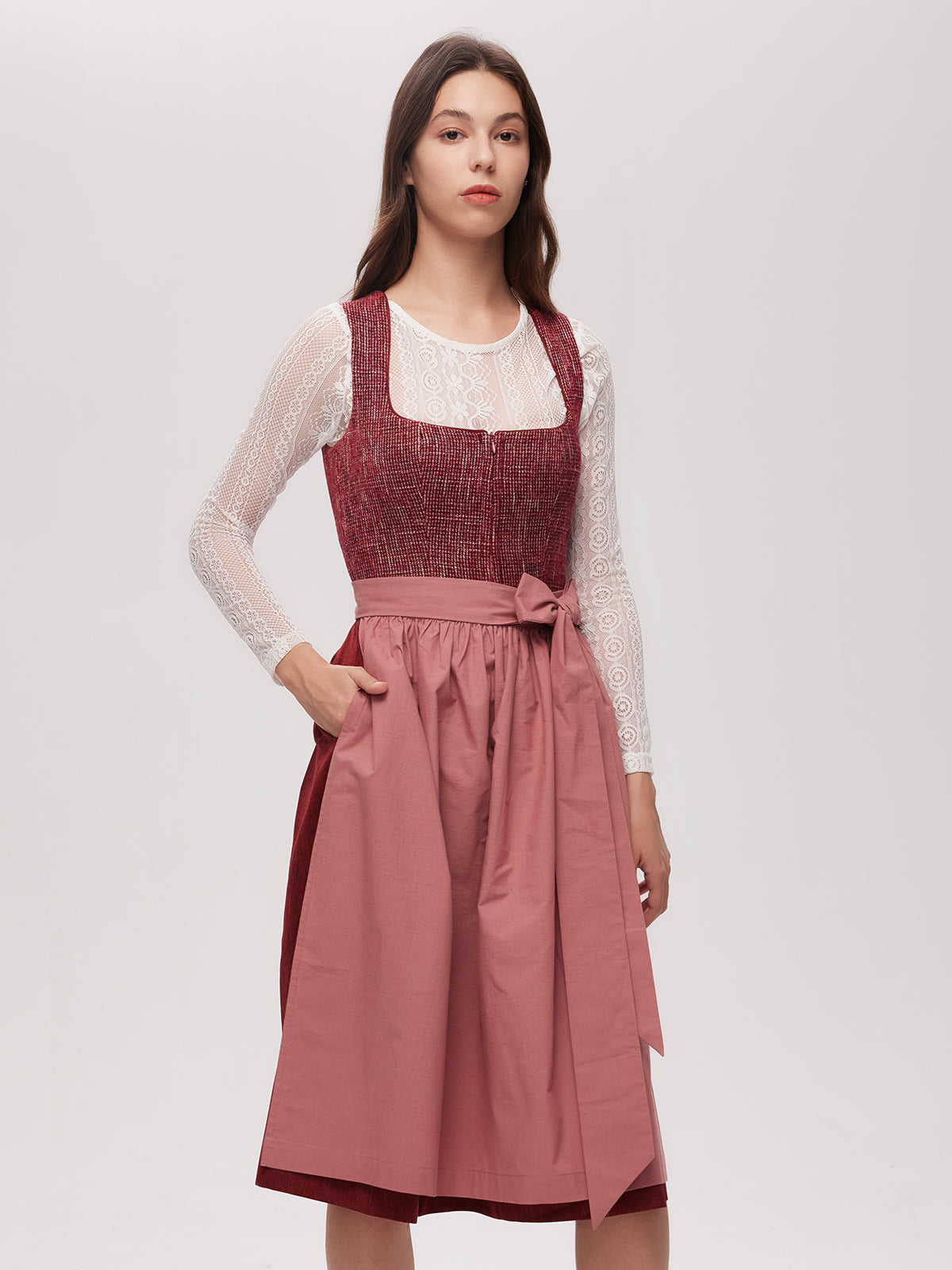Red Zipper Front Straight Neck Dirndl Caroline 