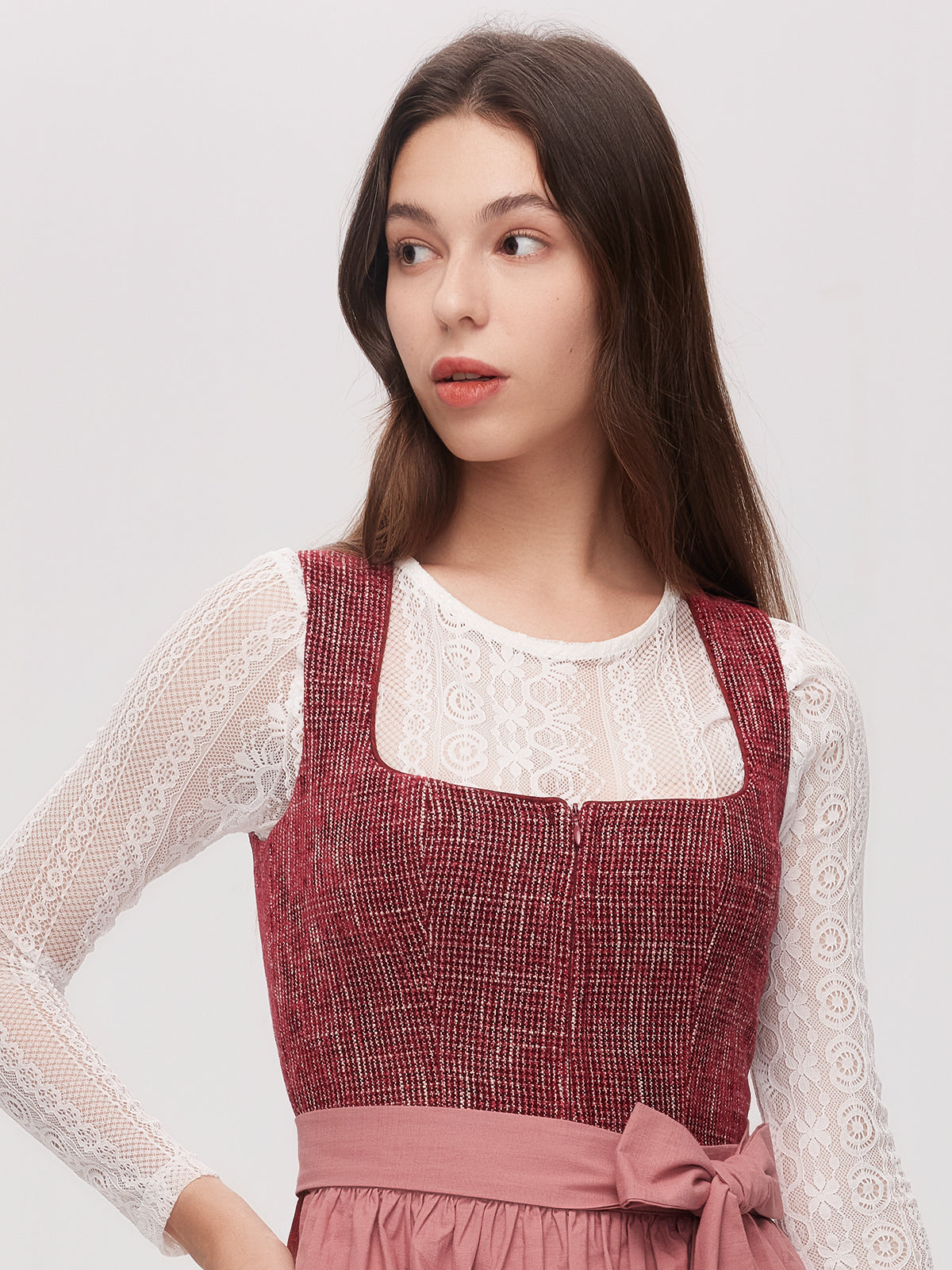 Red Zipper Front Straight Neck Dirndl Caroline 